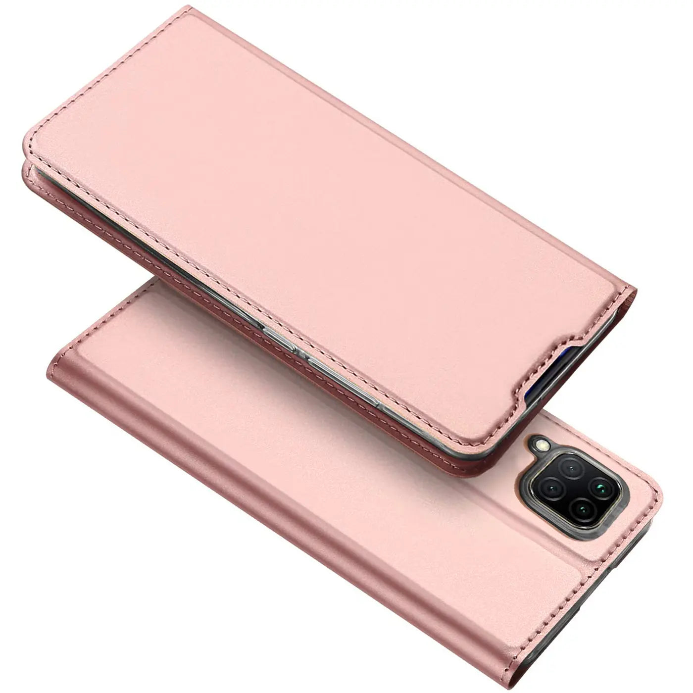 Rosafarbene Metallic-Flip-Hülle aus Kunstleder für Huawei P40 Lite, von oben gesehen.