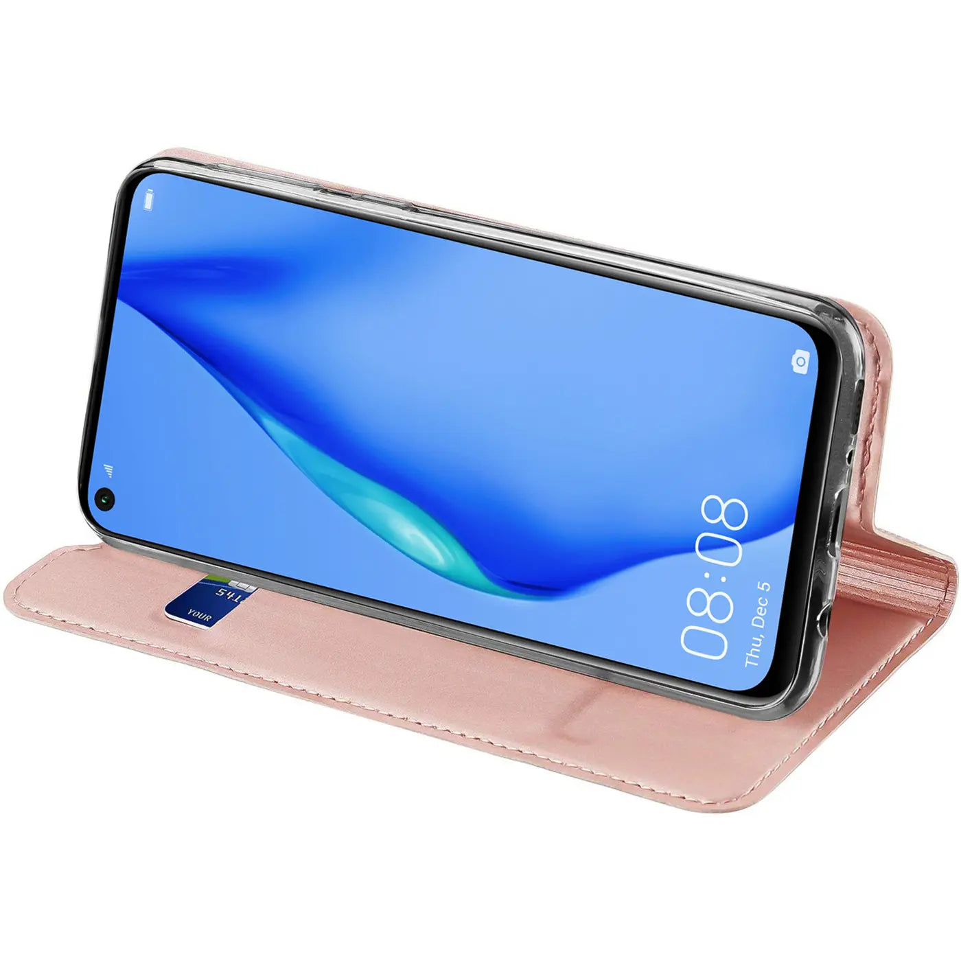 Rosa Leder-Flip-Hülle mit Huawei P40 Lite, von vorne, leicht schräg.