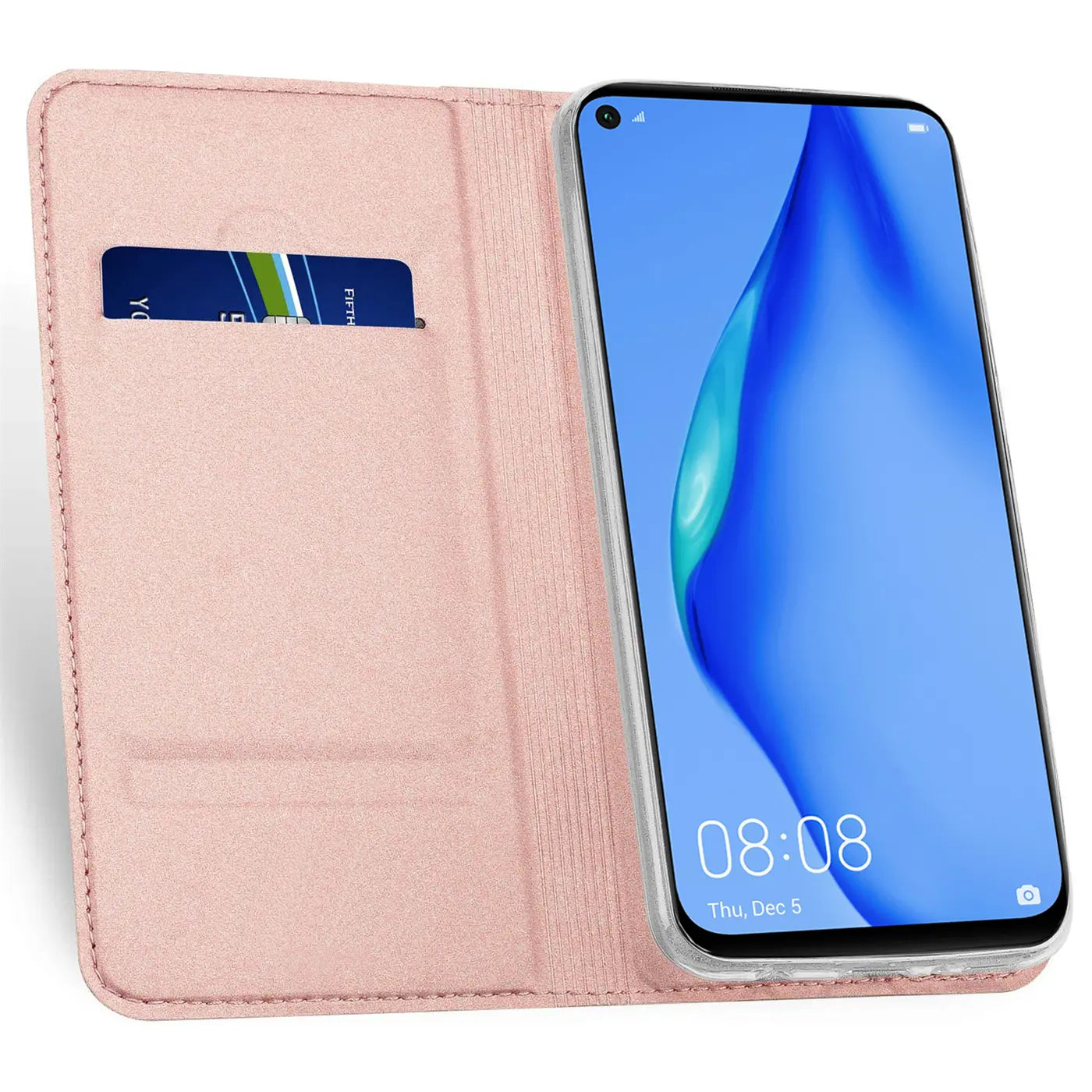 Rosa Kunstleder Flip Hülle mit Kartenfach, Huawei P40 Lite, von vorne