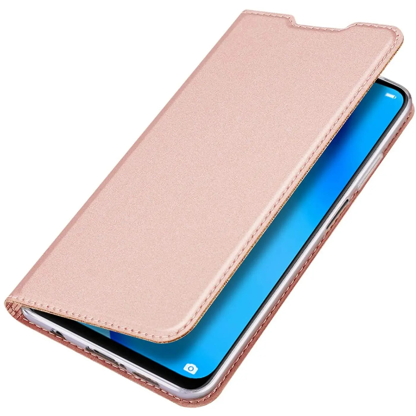 Metallic roséfarbene Kunstleder-Flip-Hülle auf Huawei P40 Lite, von schräg oben
