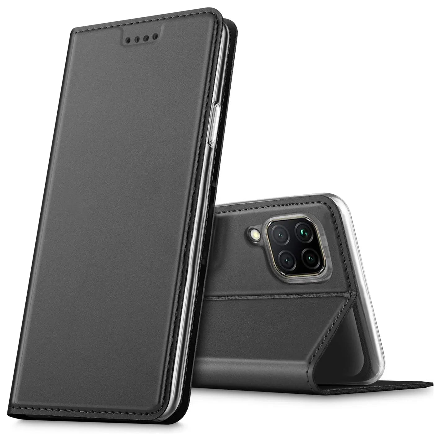Graue Kunstleder-Flip-Hülle für Huawei P40 Lite, von vorne und hinten gezeigt.