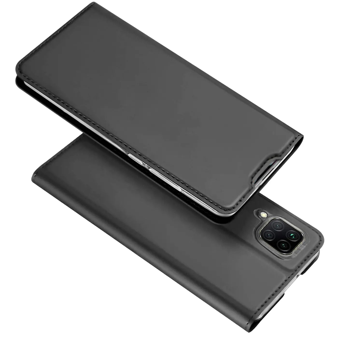 Graue Leder-Flip-Hülle für Huawei P40 Lite, von oben/schräg, mit freiliegender Rückseite.