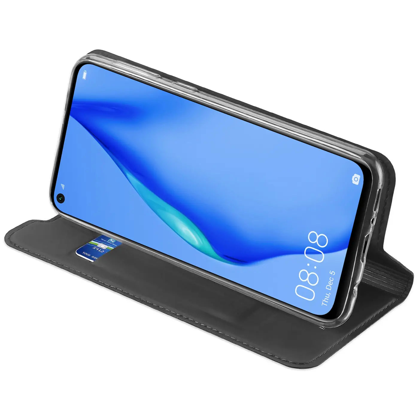 Graue Kunstleder-Flip-Hülle mit durchsichtigem Rahmen, Huawei P40 Lite, von vorne links
