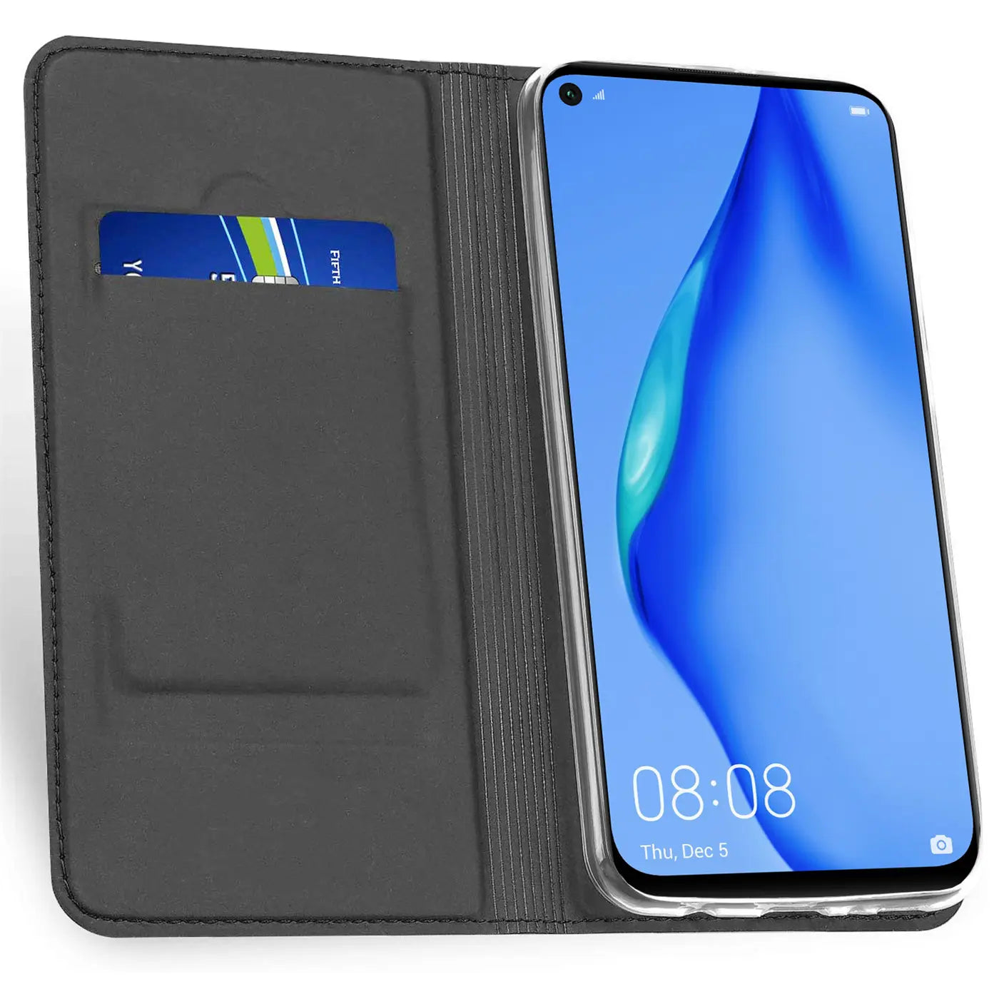 Graue Kunstleder-Flip-Hülle mit Kartenfach für Huawei P40 Lite, von vorne.