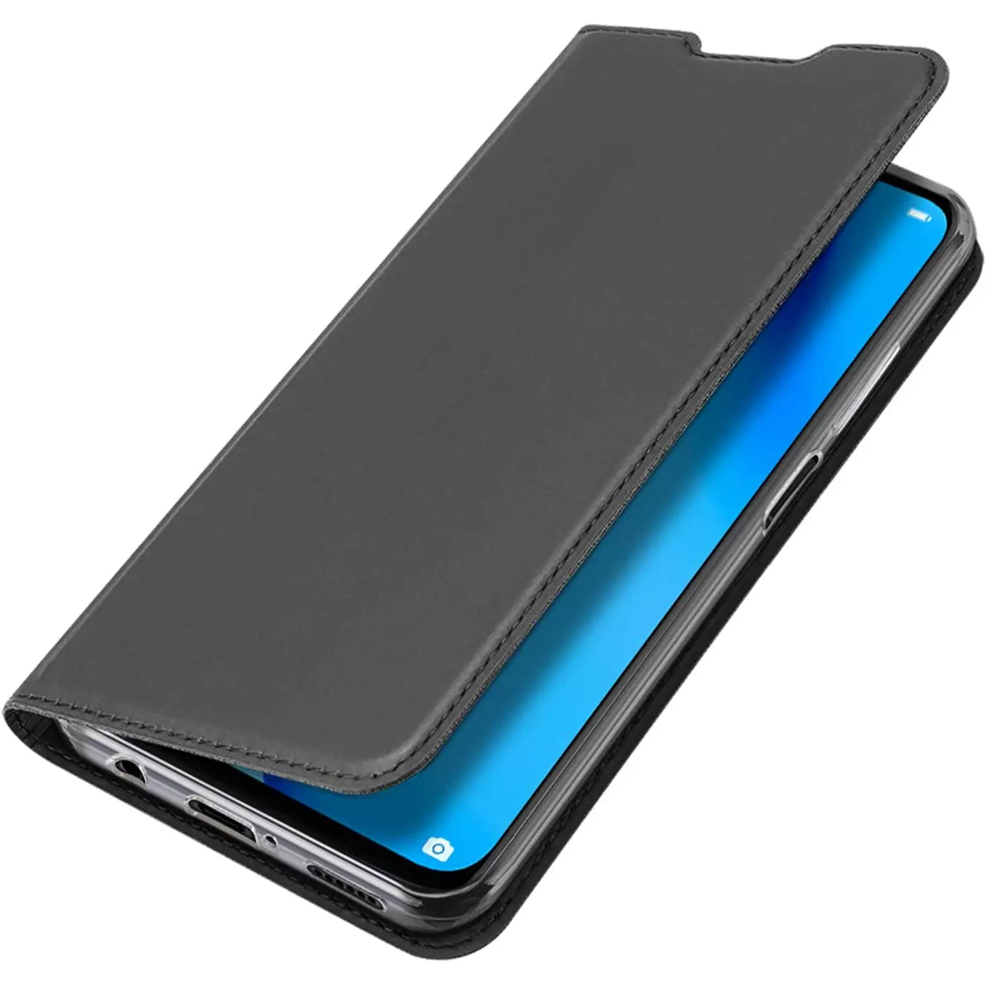 Graue Kunstleder-Flip-Hülle auf Huawei P40 Lite, von schräg oben.
