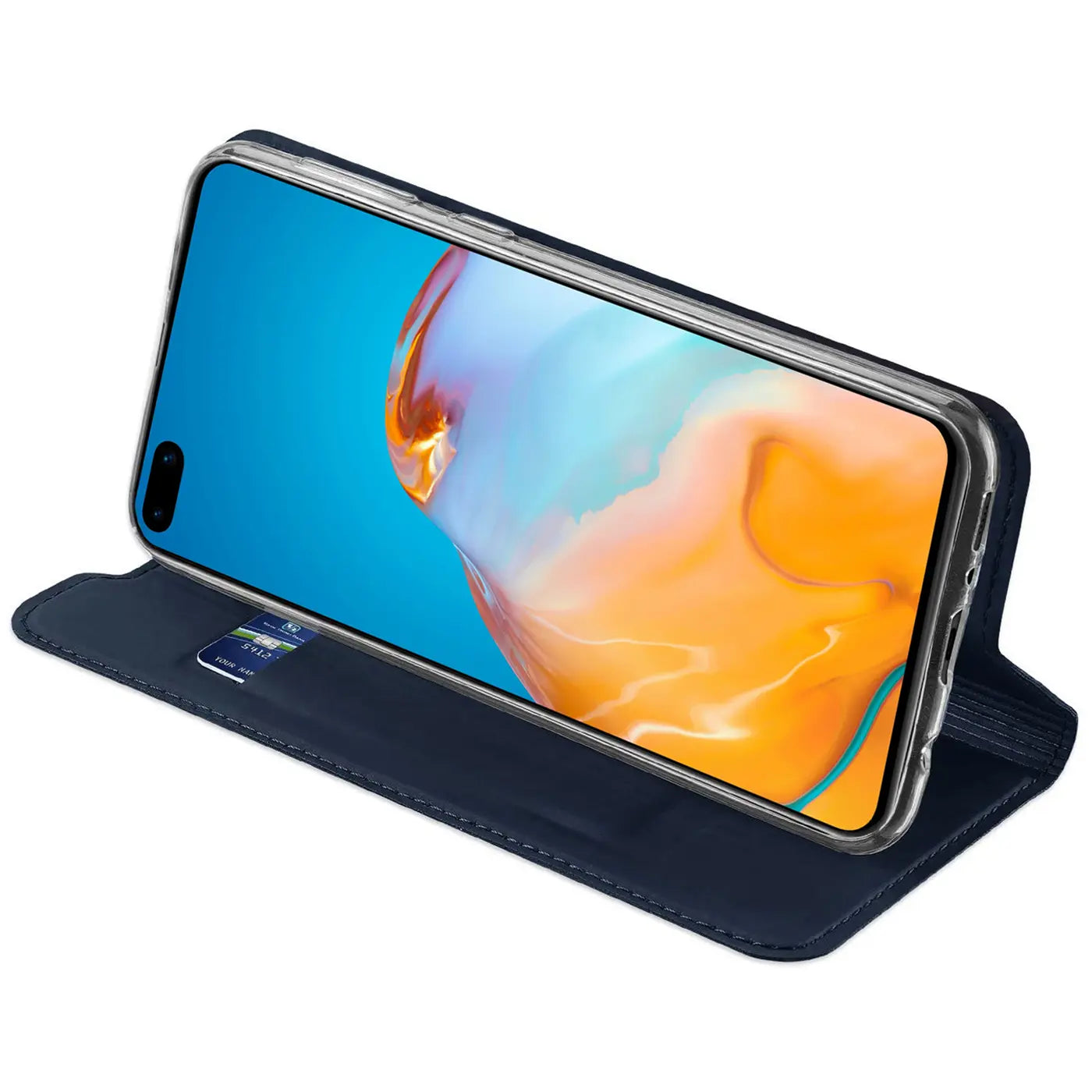 Dunkelblaue Kunstleder-Flip-Hülle mit Huawei P40 Pro, von vorne schräg