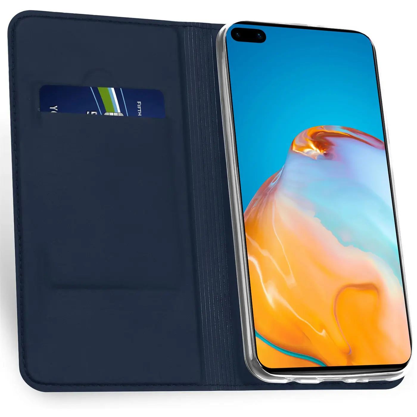 Dunkelblaue Kunstleder-Flip-Hülle mit Kartenfach, Huawei P40 Pro, von vorne links gezeigt.