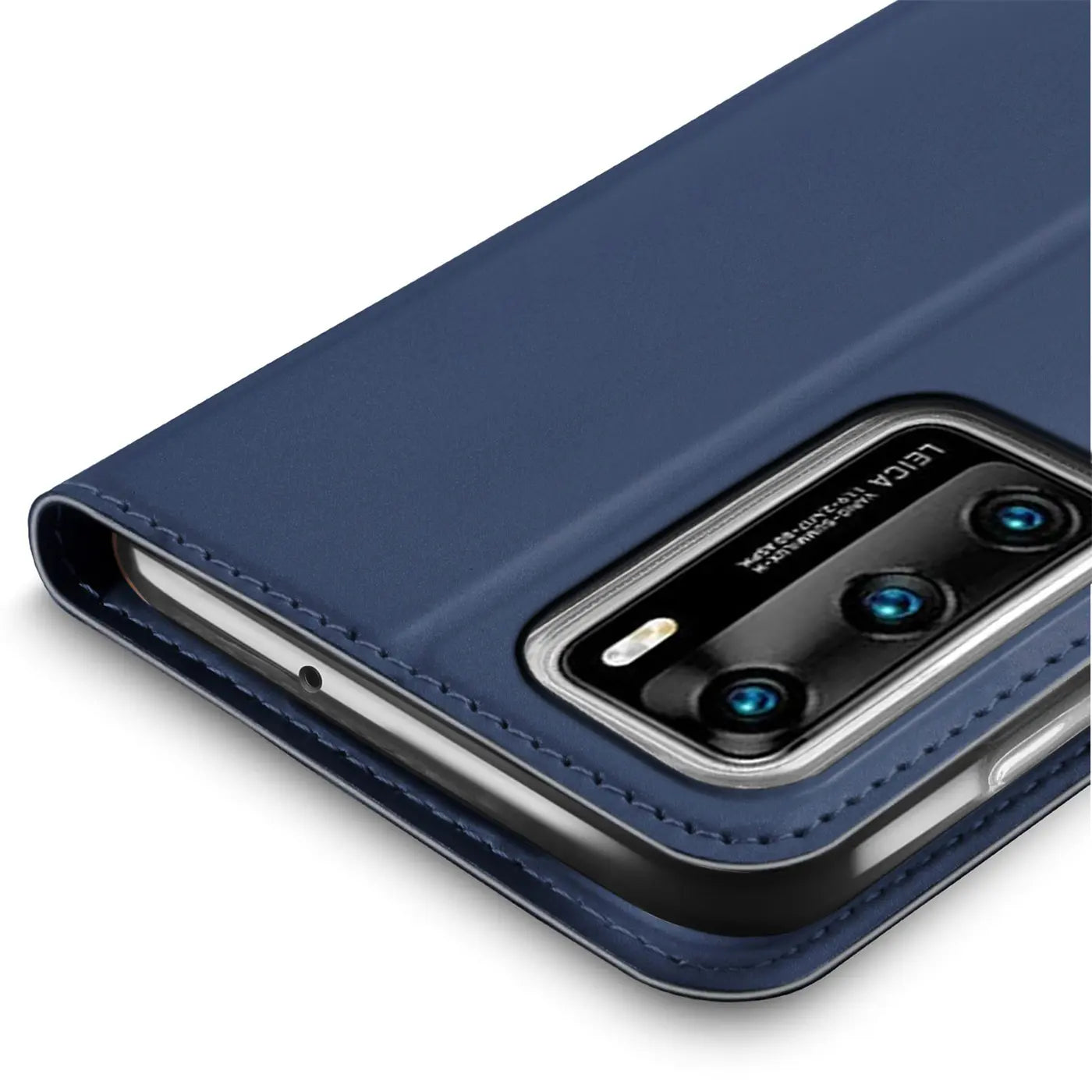 Dunkelblaue Leder-Flip-Hülle, Nahaufnahme, Huawei P40 Pro Kamera.