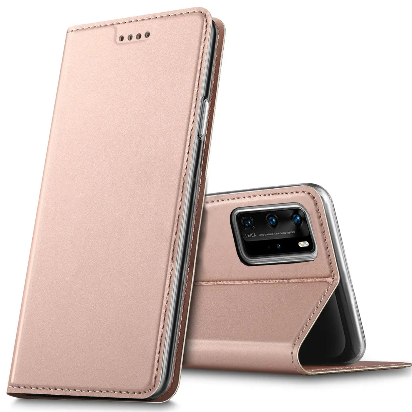 Metallic-rosé Klapphülle aus Kunstleder für Huawei P40 Pro, von vorne/seitlich