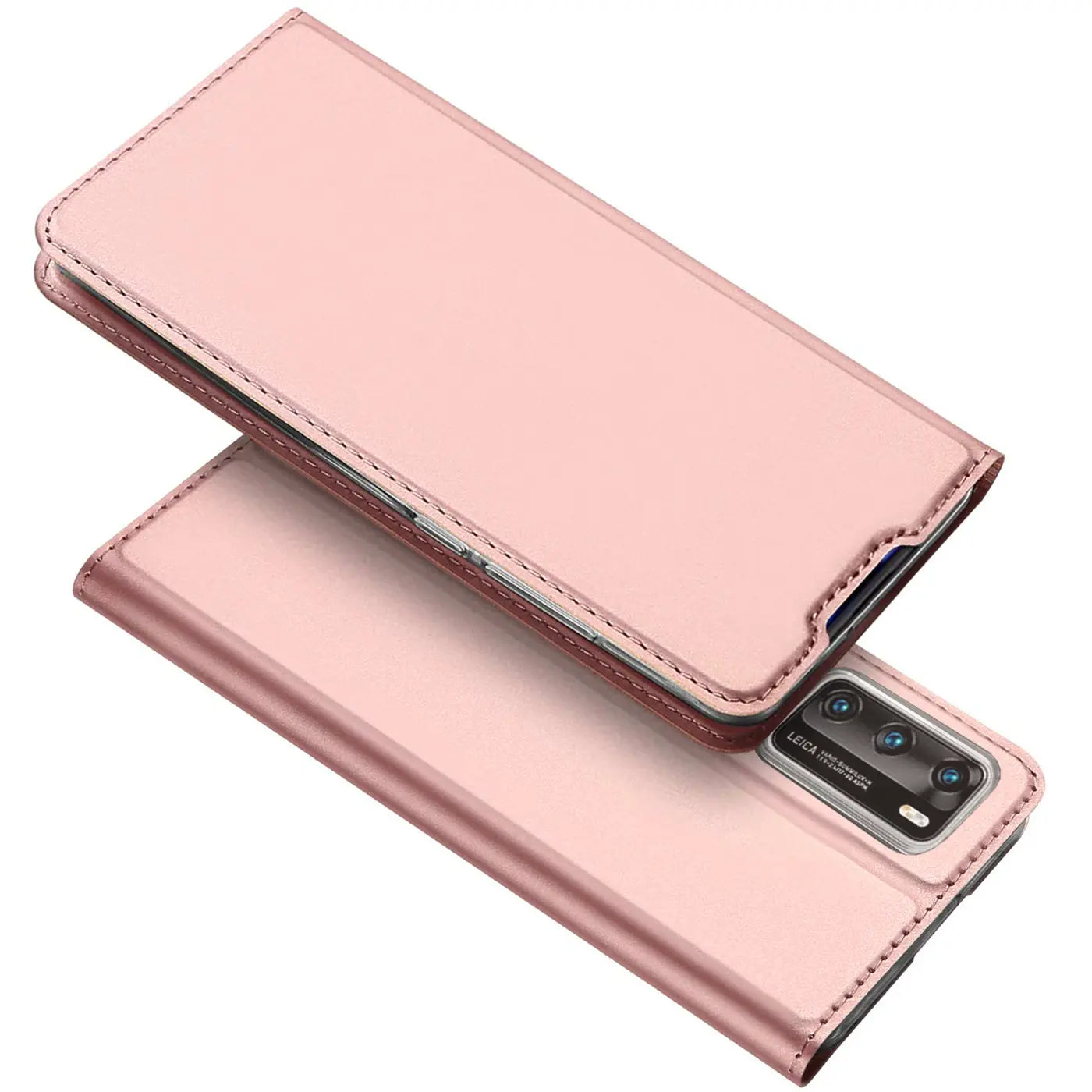 Roséfarbene Kunstleder-Flip-Hülle für Huawei P40 Pro, von schräg oben fotografiert.