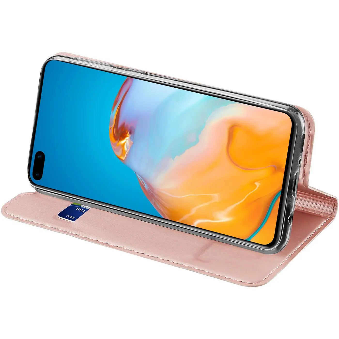 Rosa Kunstleder-Flip-Hülle für Huawei P40 Pro, von vorne schräg