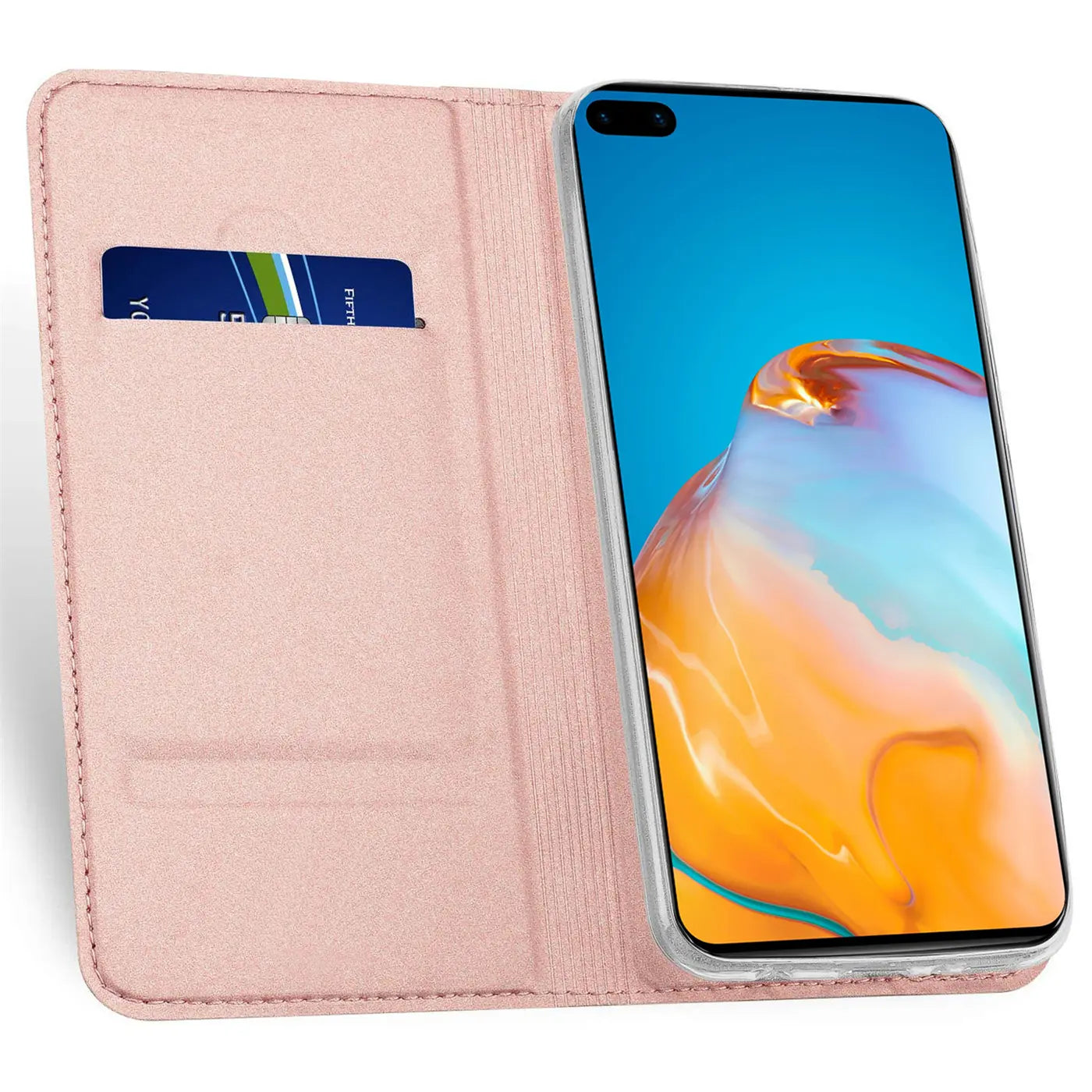 Rosa Kunstleder-Flip-Hülle mit Kartenfach, Huawei P40 Pro von vorne links gezeigt.
