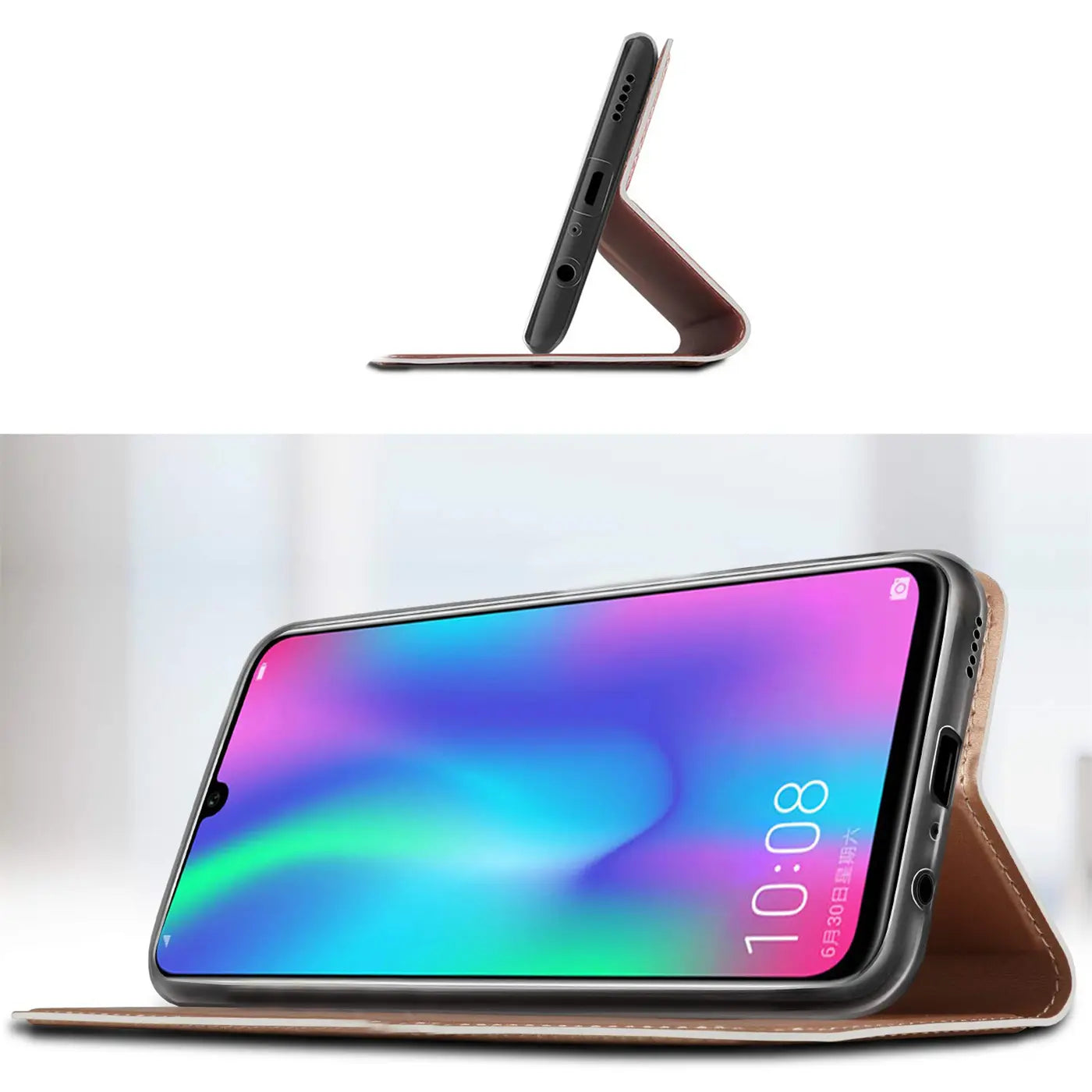 Braune Leder-Flip-Hülle für Huawei P40 Pro, seitliche Ansicht, aufgestellt.