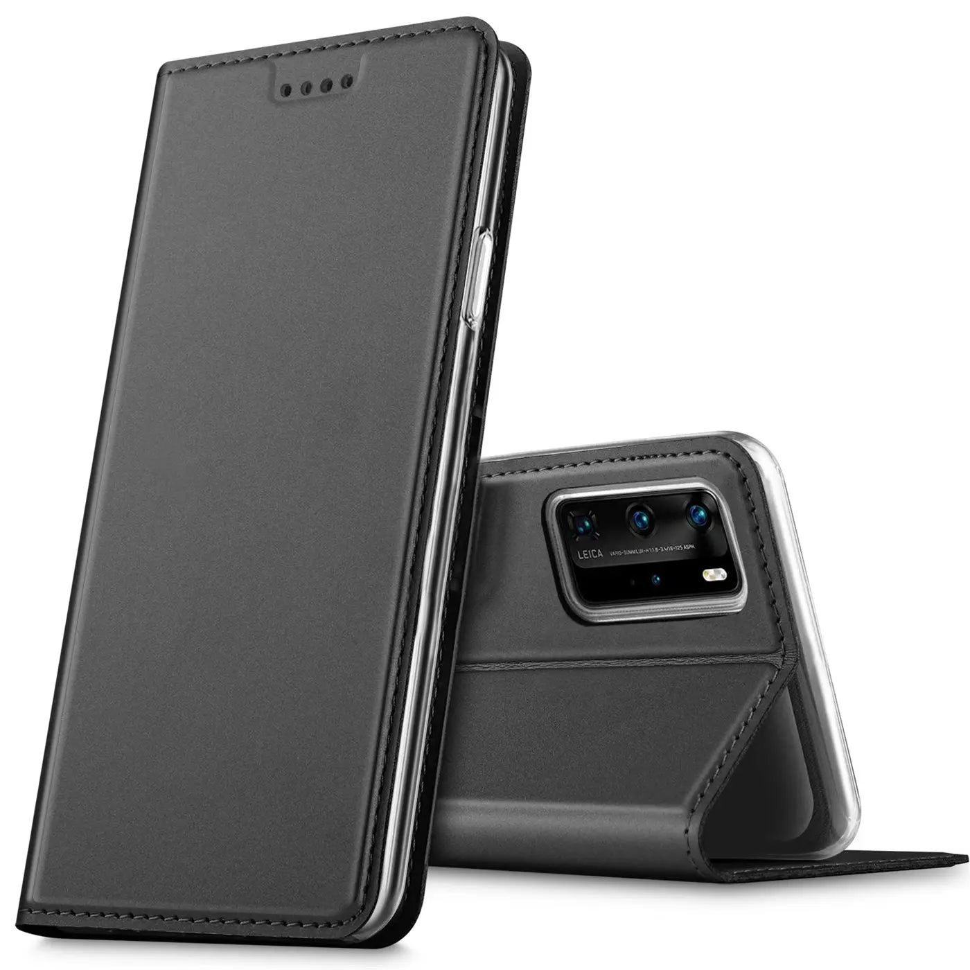 Graue Kunstleder-Flip-Hülle, Huawei P40 Pro von vorne und hinten gezeigt, aus leicht schrägem Winkel.