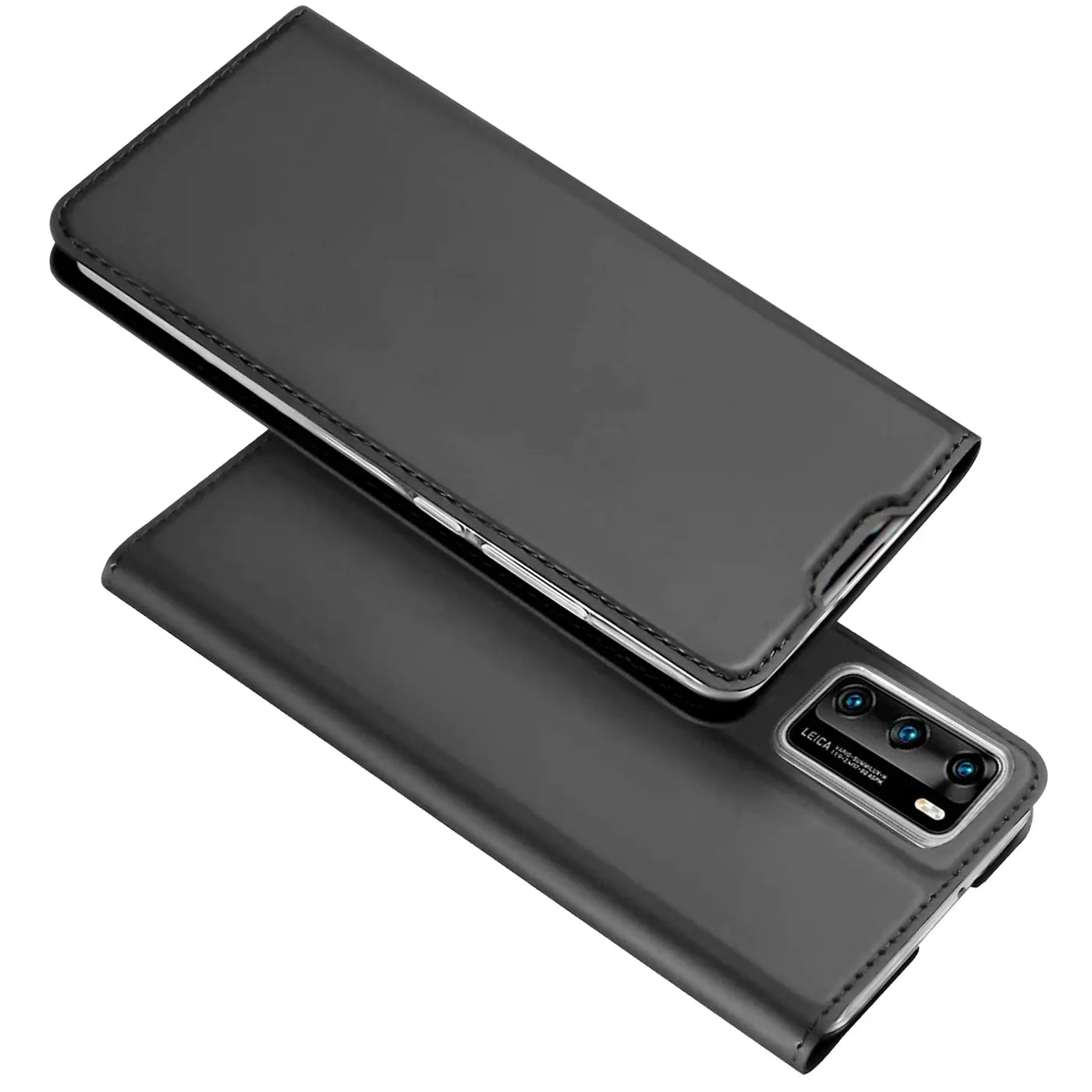 Graue Leder-Flip-Hülle, von oben/schräg, zeigt Huawei P40 Pro Rückseite.