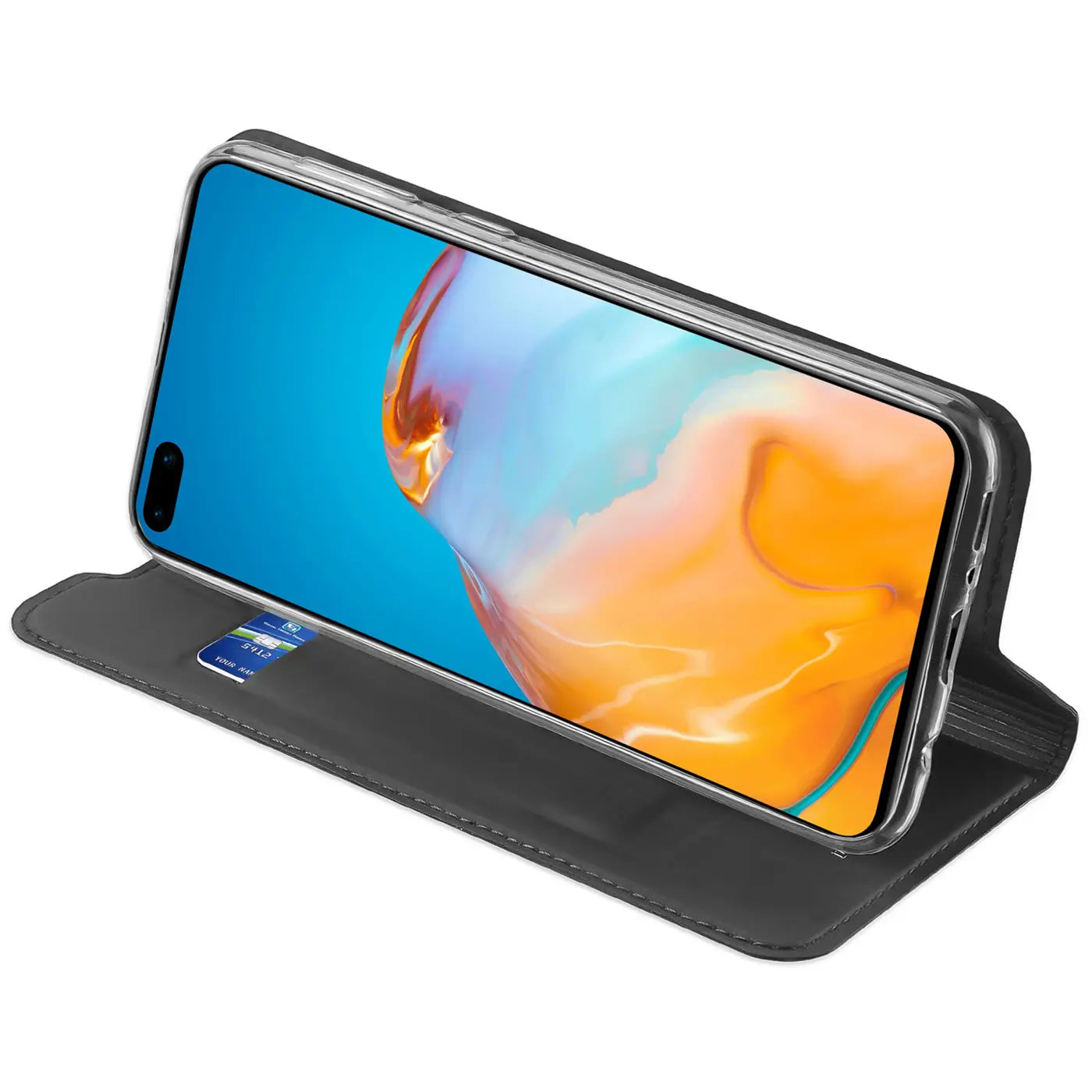 Graue Kunstleder-Flip-Hülle mit Kartenfach für Huawei P40 Pro, von schräg oben.