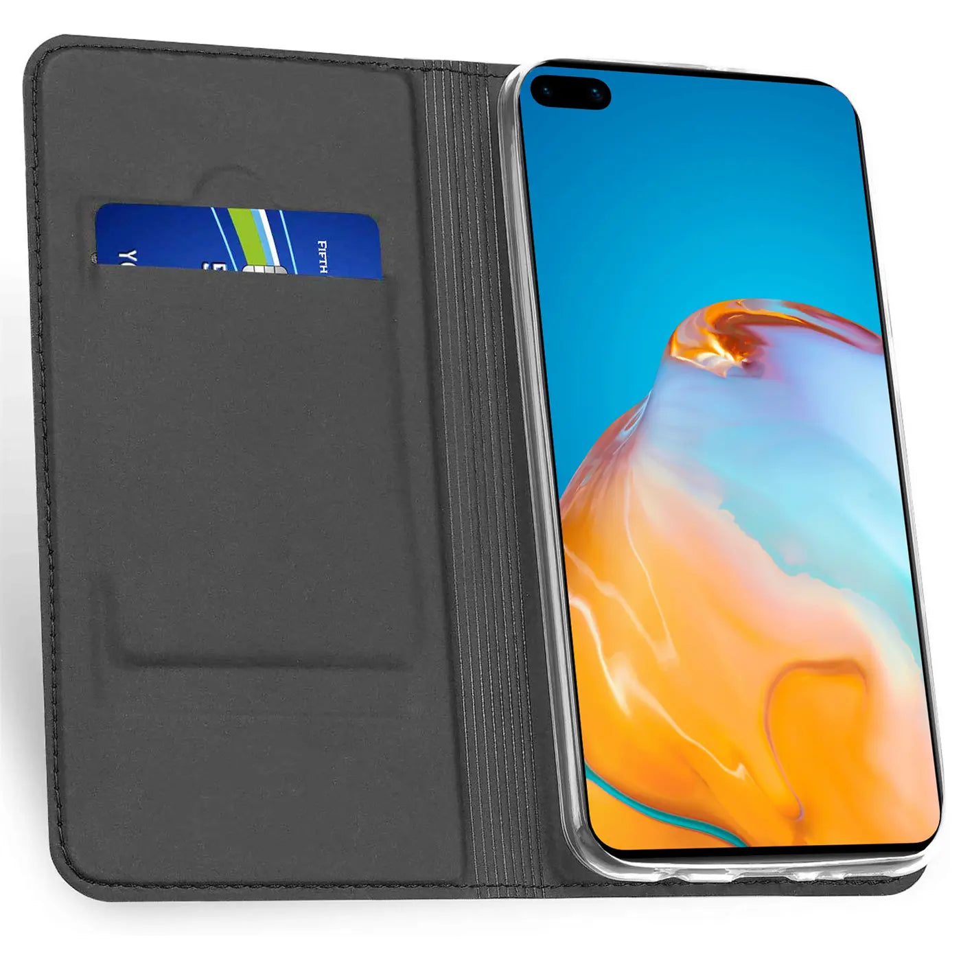 Graue Kunstleder-Flip-Hülle mit Kartenfach für Huawei P40 Pro, von vorne links gezeigt.