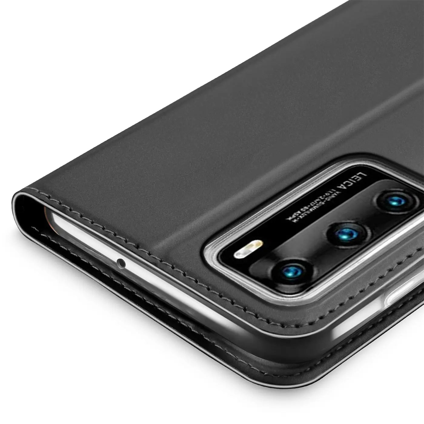 Graue Leder-Flip-Hülle, Nahaufnahme, Huawei P40 Pro Kamera.