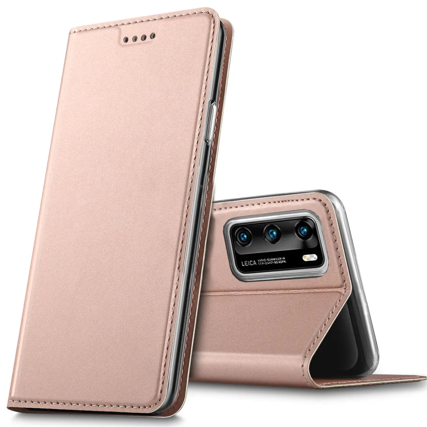 Rosafarbene Leder-Flip-Hülle für Huawei P40, von vorne und hinten gezeigt.