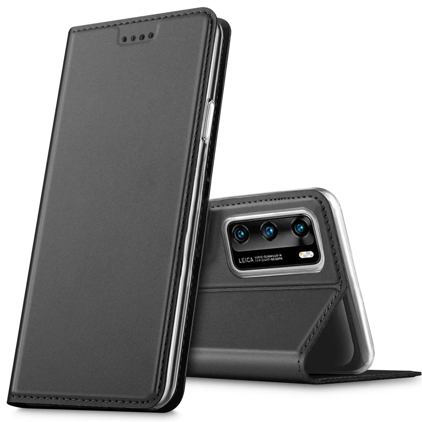 Graue Kunstleder-Flip-Hülle, seitliche Ansicht, zeigt Huawei P40 mit Kamera.