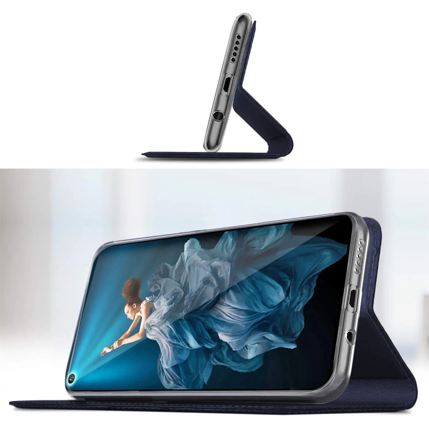 Dunkelblaue Klapphülle aus Kunstleder für Huawei P50 Pro, von vorne und Seite gezeigt.