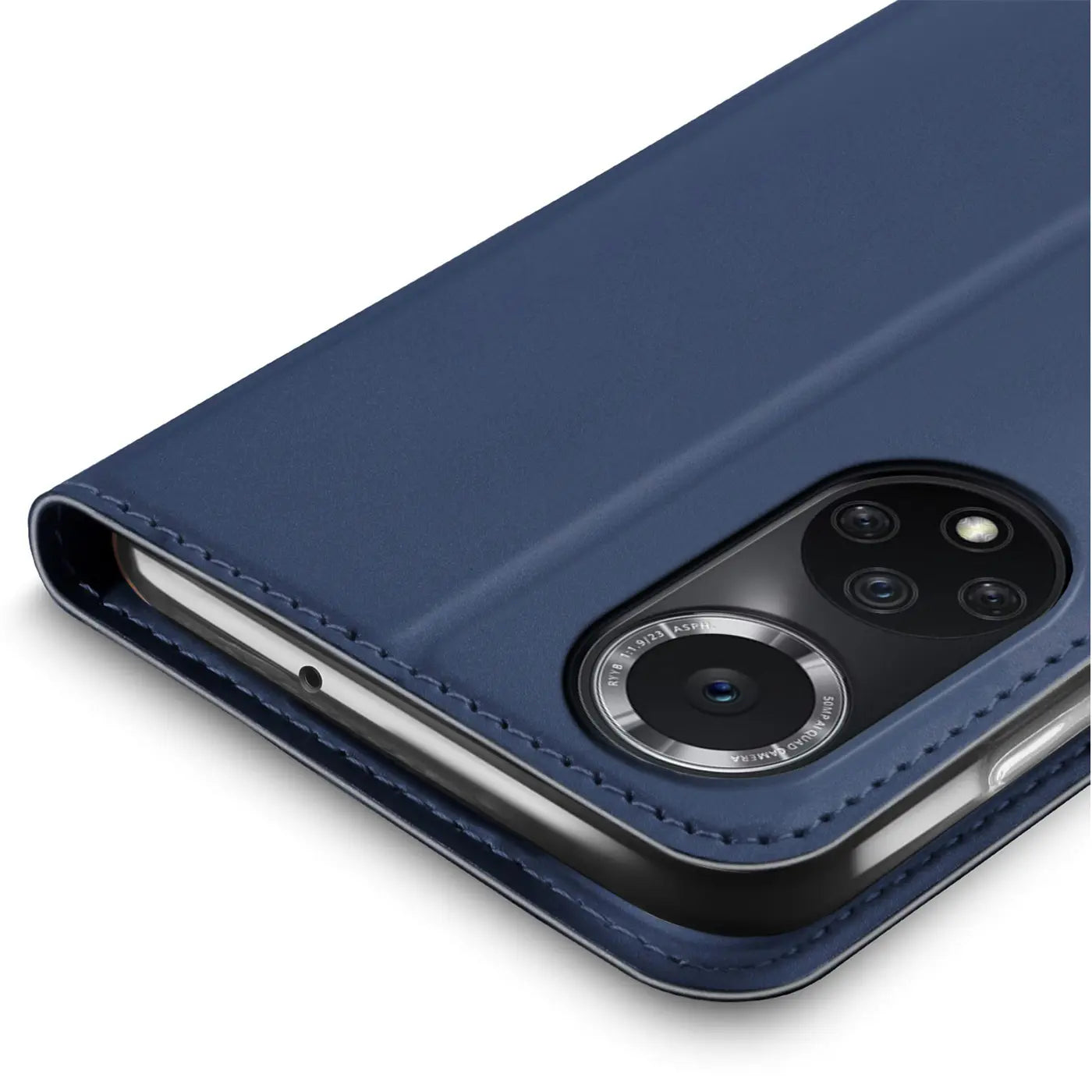 Dunkelblaue Kunstleder-Flip-Hülle, Nahaufnahme, Huawei P50 Pro Kamera.