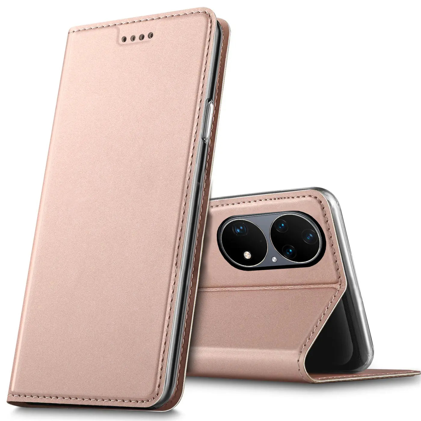 Metallic rosegoldene Klapphülle aus Kunstleder, Huawei P50 Pro mit Kamera, von vorne/seitlich