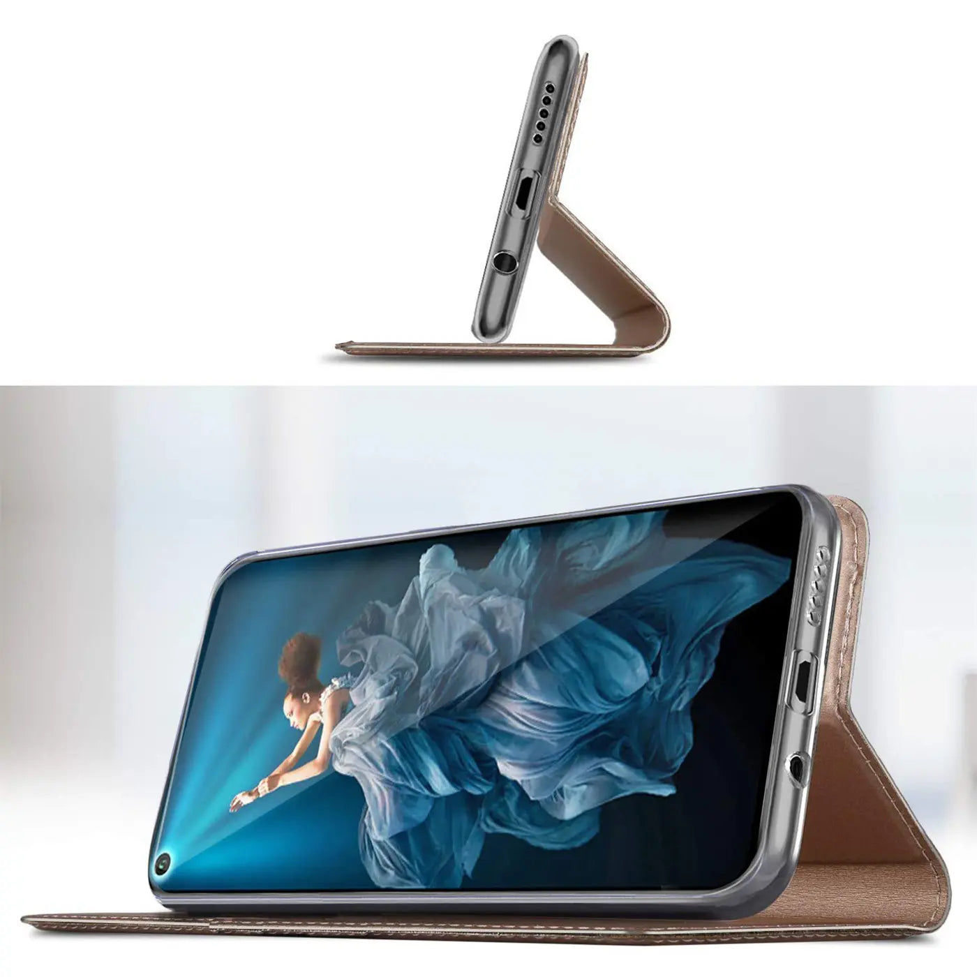 Braune Leder-Flip-Hülle mit Ständerfunktion für Huawei P50 Pro, Seitenansicht.