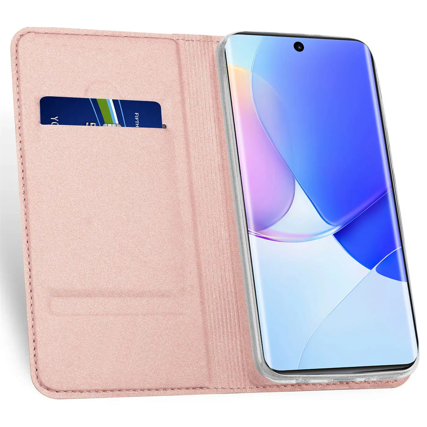 Rosa Kunstleder Flip Hülle mit Kartenfach, Huawei P50 Pro, von vorne