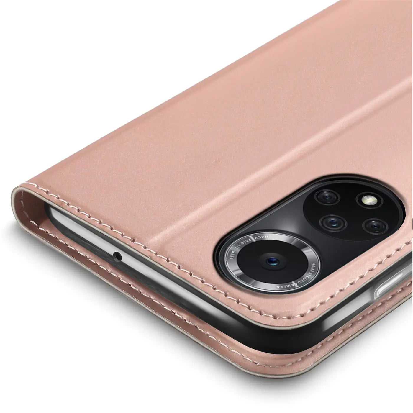 Metallic roséfarbene Klapphülle aus Lederimitat, Nahaufnahme, zeigt Huawei P50 Pro Kamera.