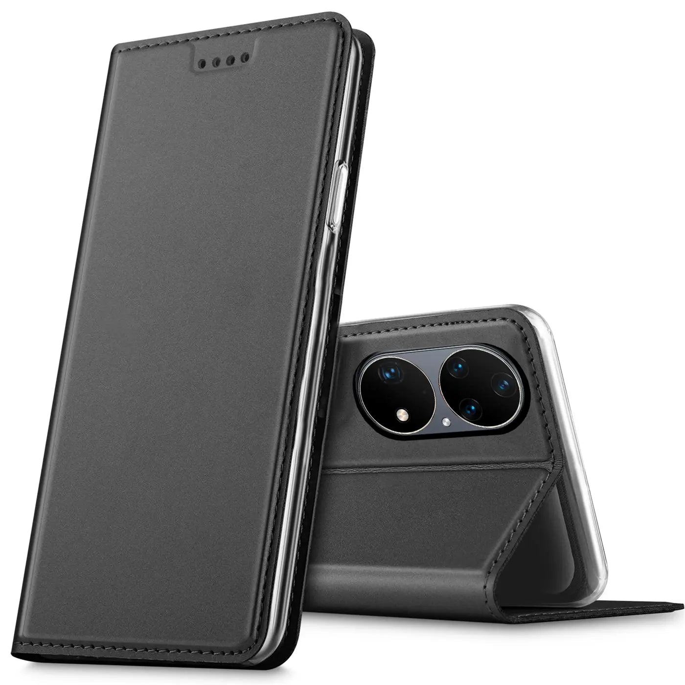 Schwarze Leder-Flip-Hülle für Huawei P50 Pro, von vorne/seitlich, mit aufgestelltem Gerät
