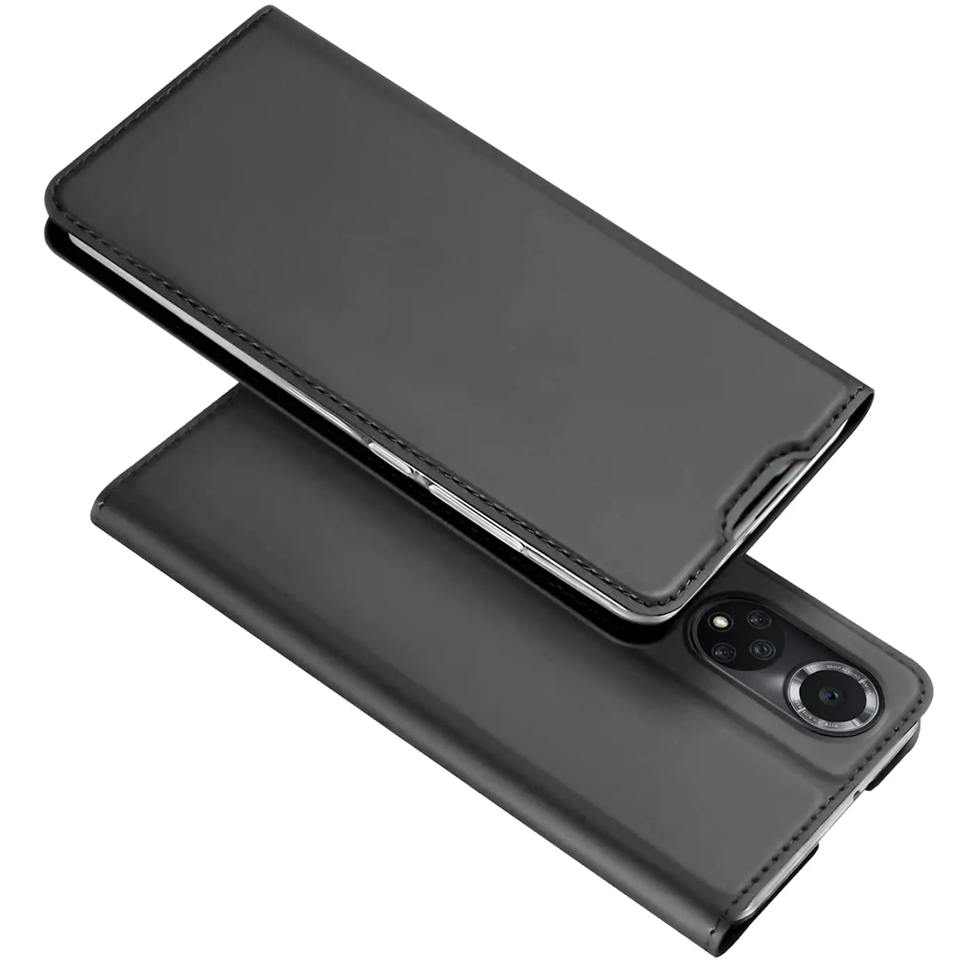 Graue Leder-Flip-Hülle, aufgeschlagen, zeigt Huawei P50 Pro Rückseite.