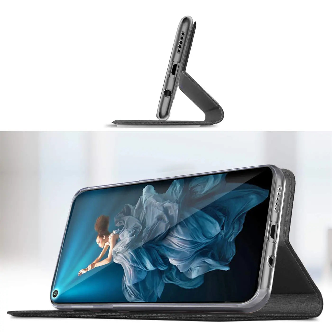 Graue Metallic-Flip-Hülle mit Standfunktion für Huawei P50 Pro, von der Seite und vorne gezeigt.