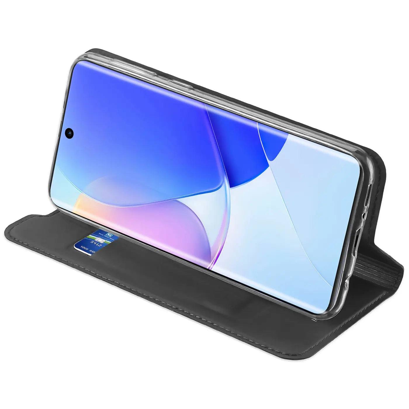 Graue Leder-Flip-Hülle mit integrierter Karte für Huawei P50 Pro, Seitenansicht.
