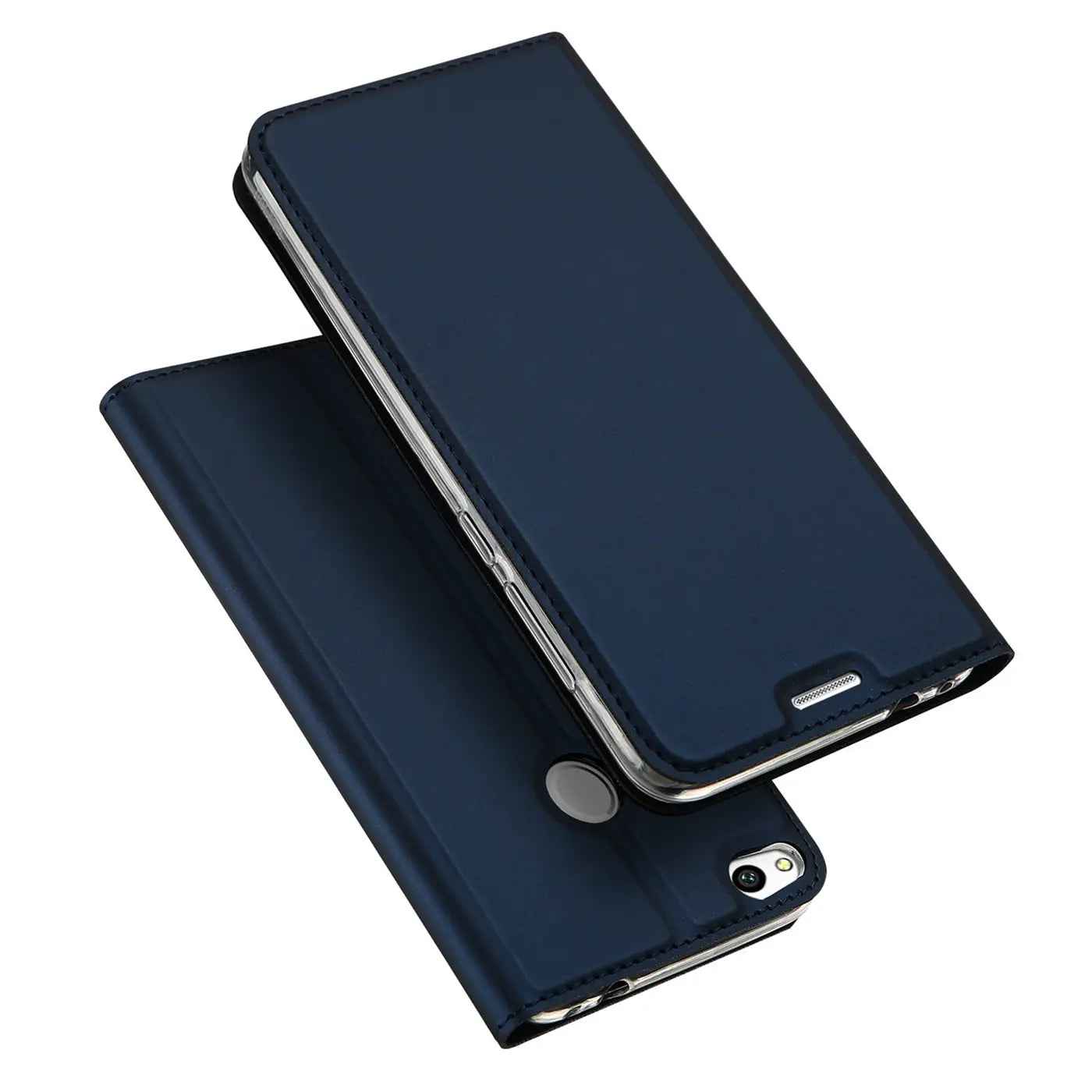 Dunkelblaue Leder-Flip-Hülle für Huawei P8 Lite 2017, von oben schräg fotografiert.