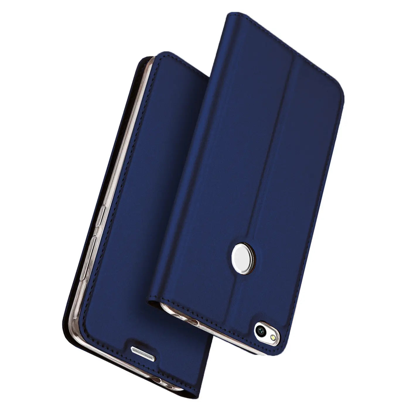 Dunkelblaue Klapphülle aus Kunstleder für Huawei P8 Lite 2017, von vorne, mit Fingerabdrucksensor-Aussparung.