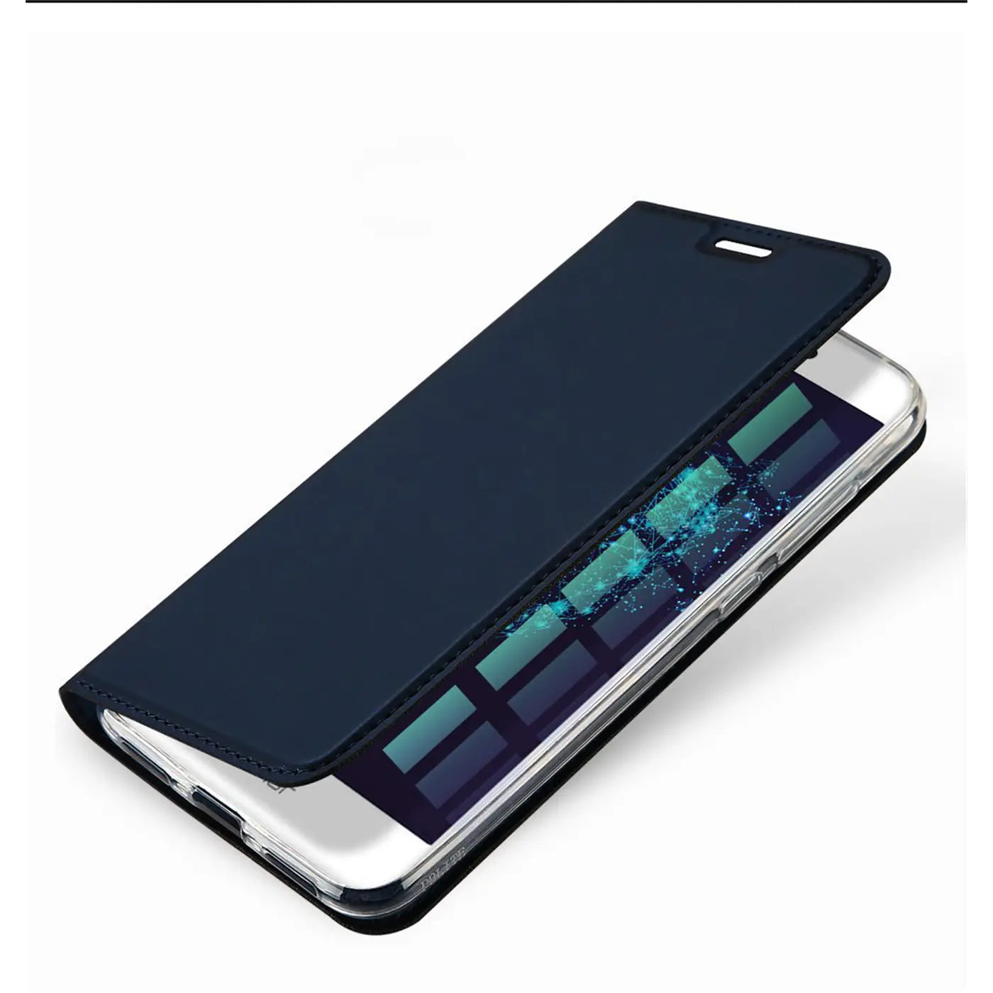 Dunkelblaue Klapphülle aus Kunstleder für Huawei P8 Lite 2017, von oben schräg fotografiert.