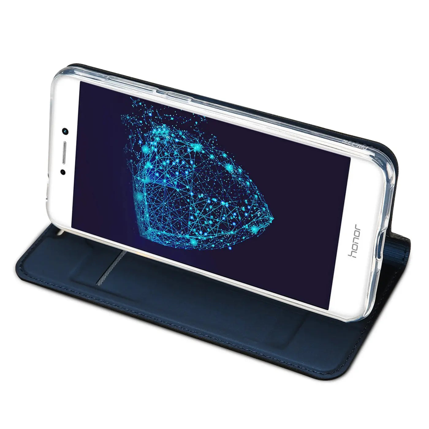 Dunkelblaue Leder-Flip-Hülle mit transparentem Rahmen für Huawei P8 Lite 2017, von schräg oben.