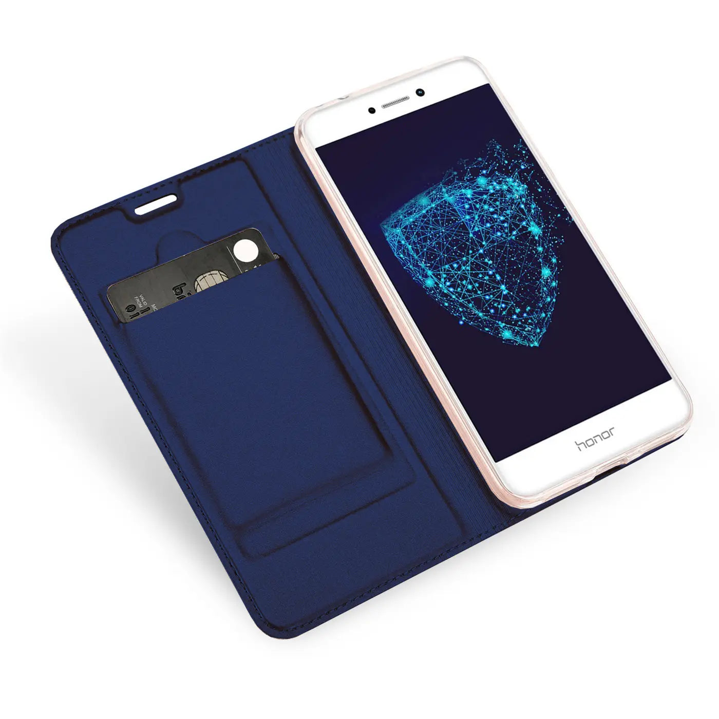 Dunkelblaue Klapphülle aus Leder mit Kartenfach, zeigt Huawei P8 Lite 2017.