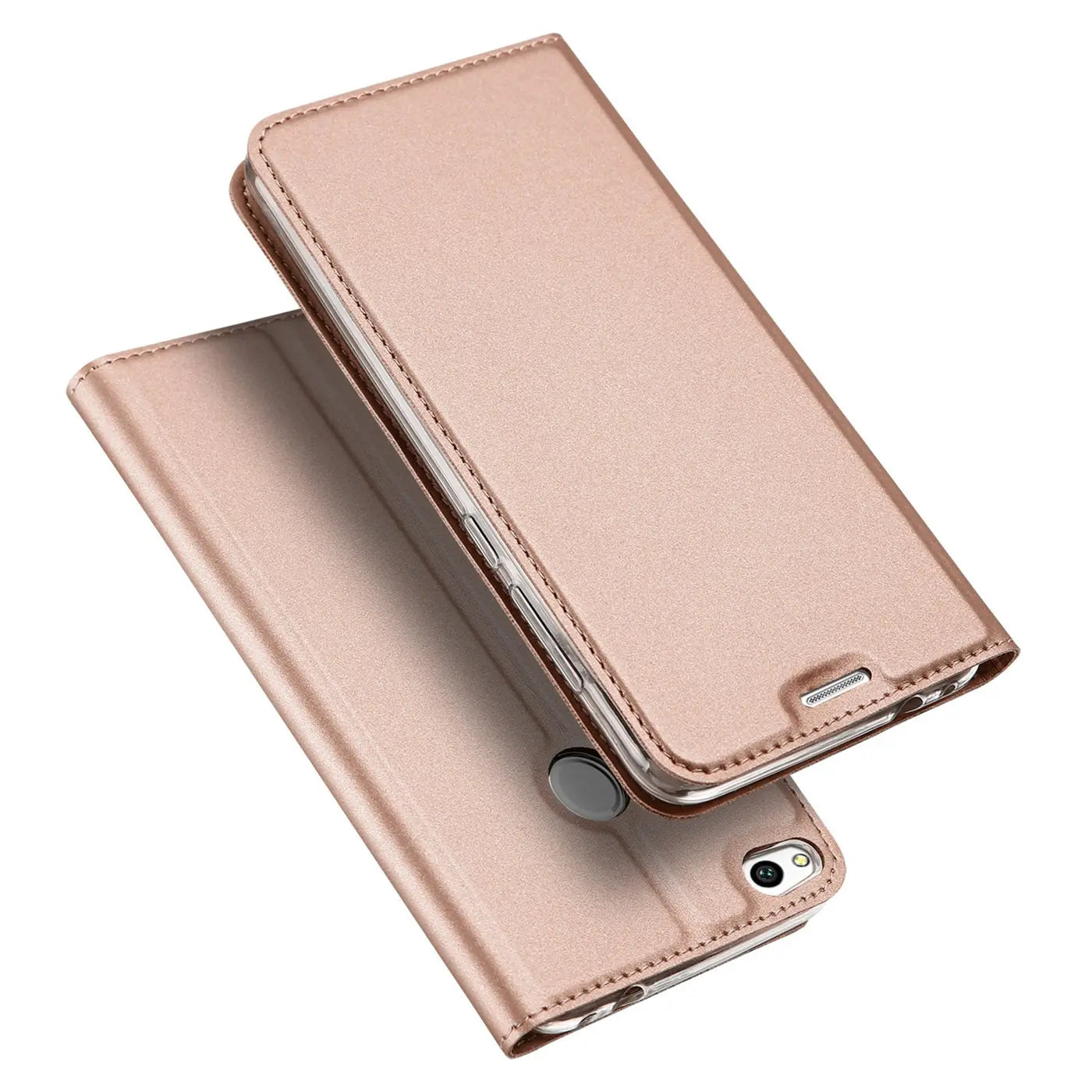 Metallic rosegoldene Klapphülle aus Kunstleder für Huawei P8 Lite 2017, von oben betrachtet.