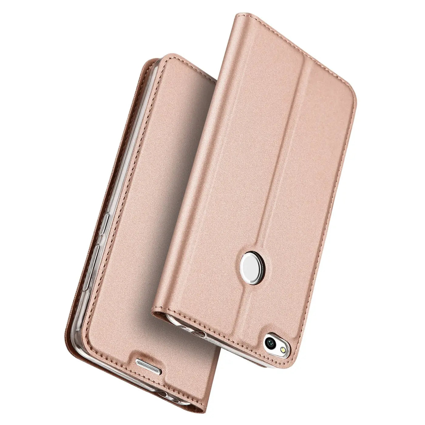 Roségoldene Metallic-Flip-Hülle, Kunstleder, von vorne schräg, zeigt Huawei P8 Lite 2017.