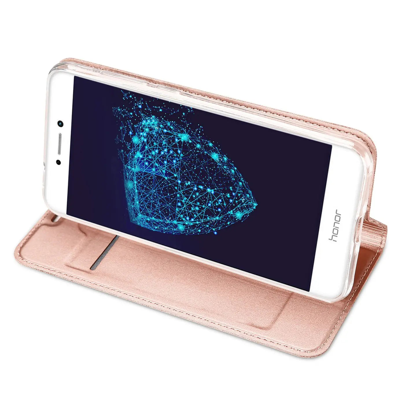 Rosenfarbene Kunstleder-Flip-Hülle für Huawei P8 Lite 2017, von vorne schräg