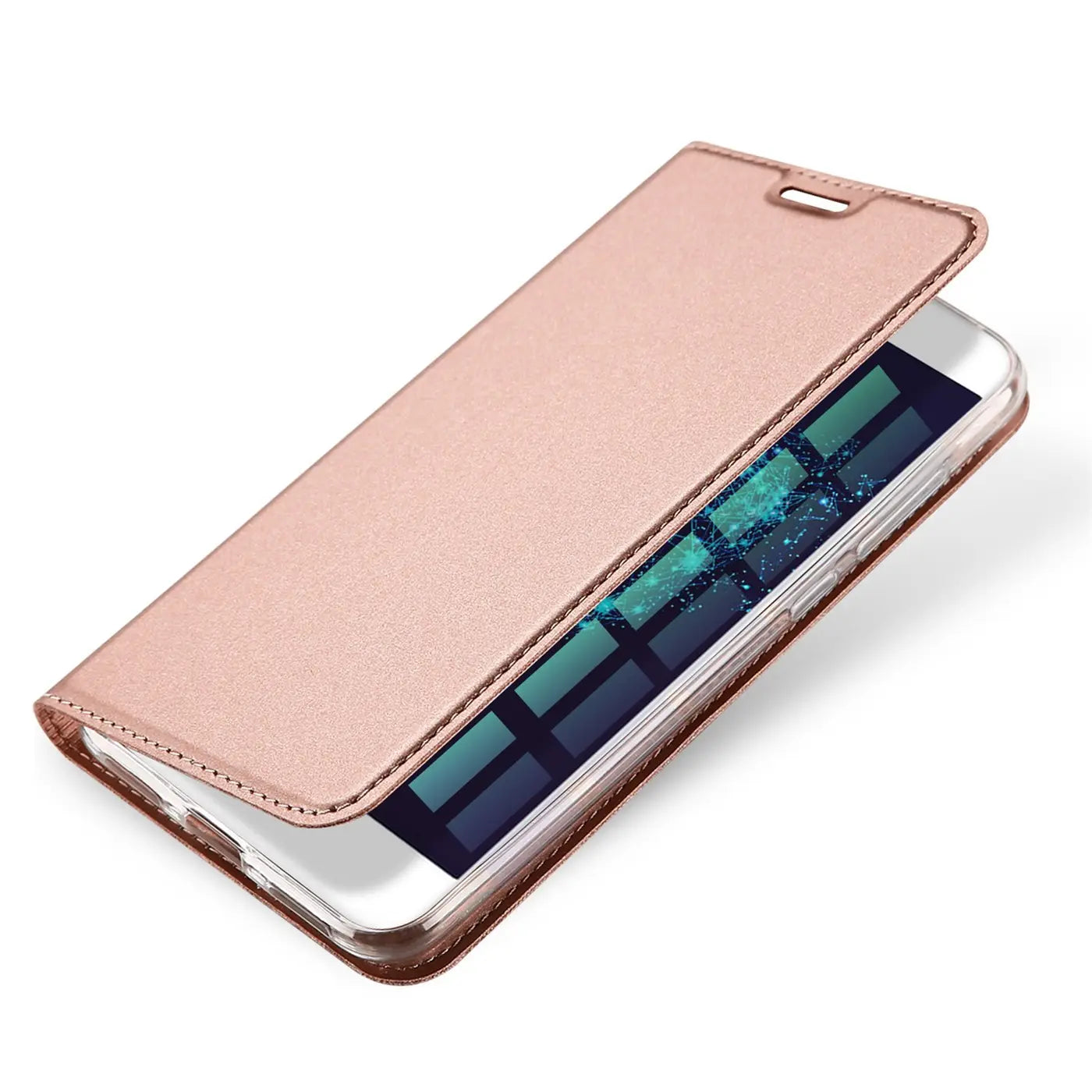 Roségoldene Metallic-Flip-Hülle, Material Kunstleder, von schräg oben, zeigt Huawei P8 Lite 2017.