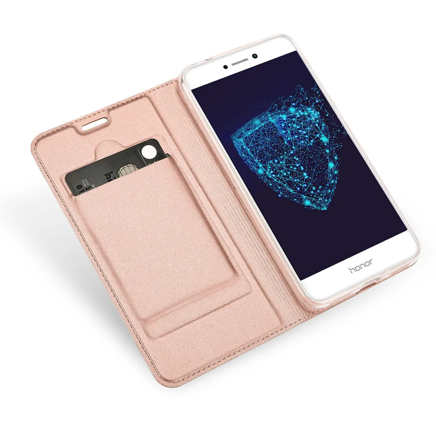 Rosa Kunstleder-Flip-Hülle mit Kartenfach, zeigt Huawei P8 Lite 2017, von oben links