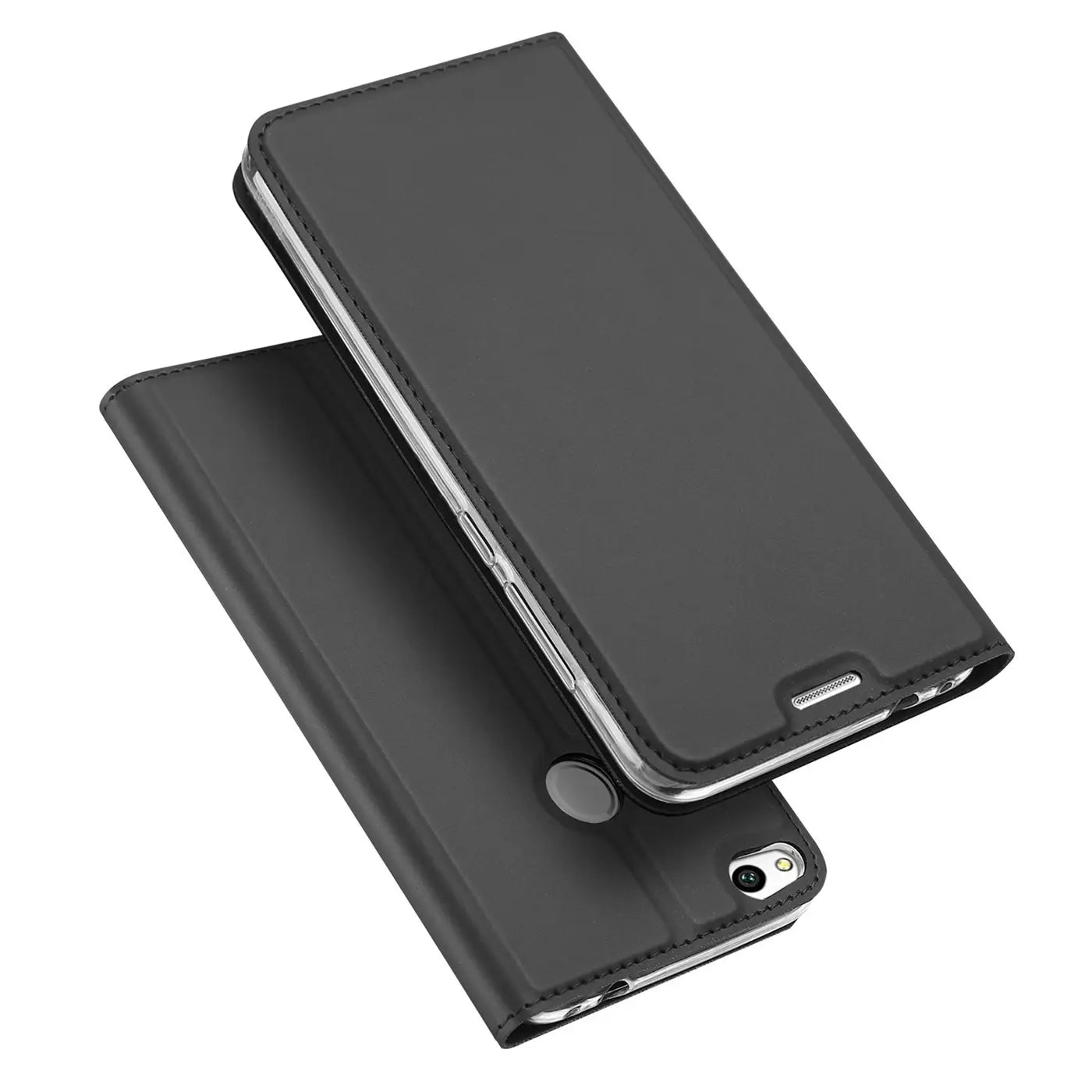 Schwarze Leder-Flip-Hülle für Huawei P8 Lite 2017, von oben schräg fotografiert.