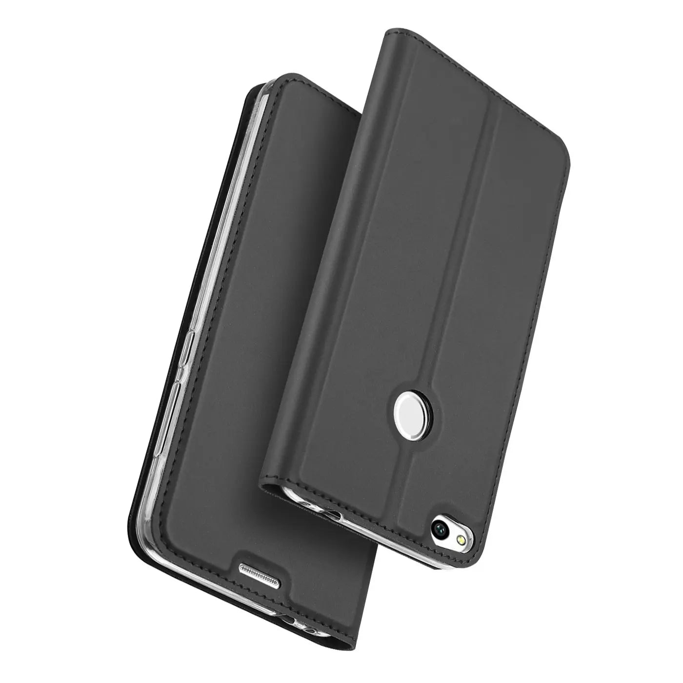 Graue Kunstleder-Flip-Hülle für Huawei P8 Lite 2017, von vorne schräg gesehen.