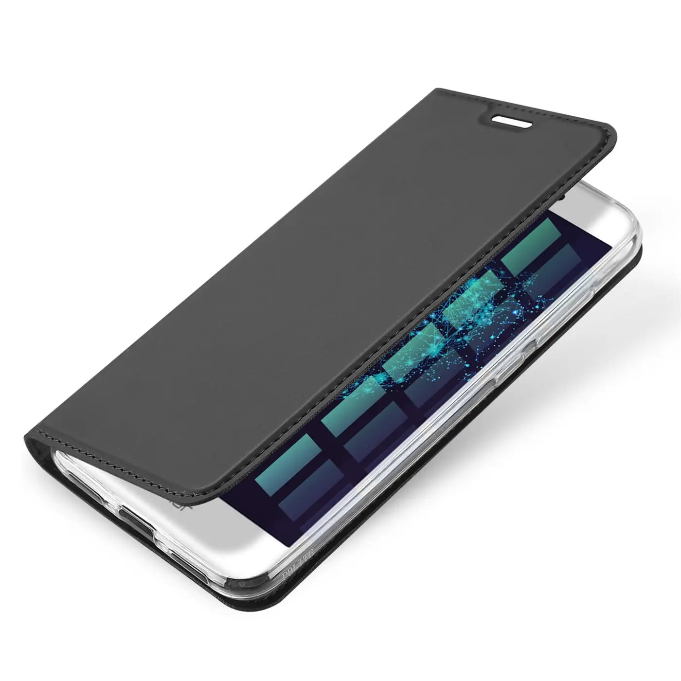 Graue Kunstleder-Flip-Hülle für Huawei P8 Lite 2017, von oben schräg gesehen.