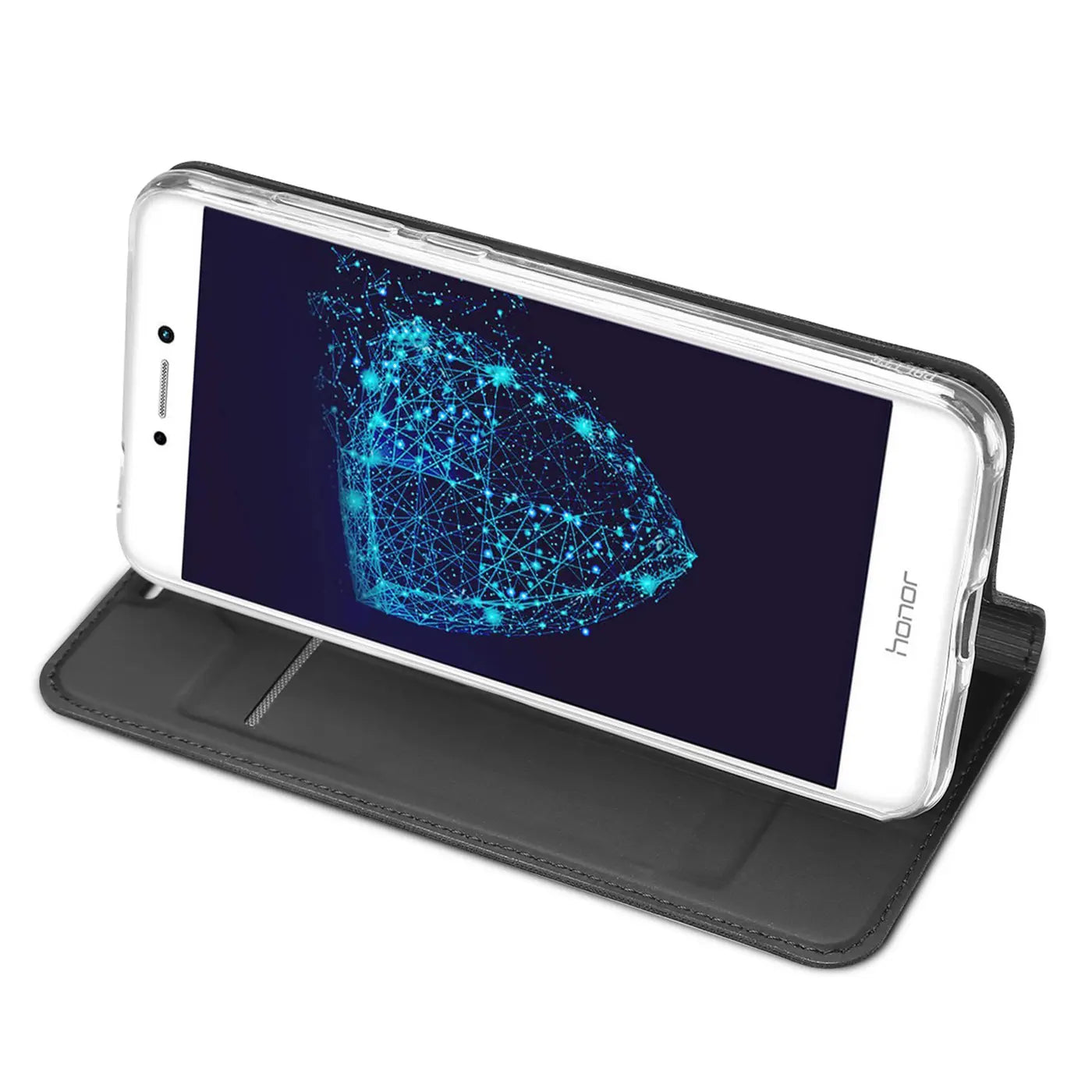 Schwarze Kunstleder-Flip-Hülle mit transparentem Rahmen für Honor 8 Lite, von vorne schräg