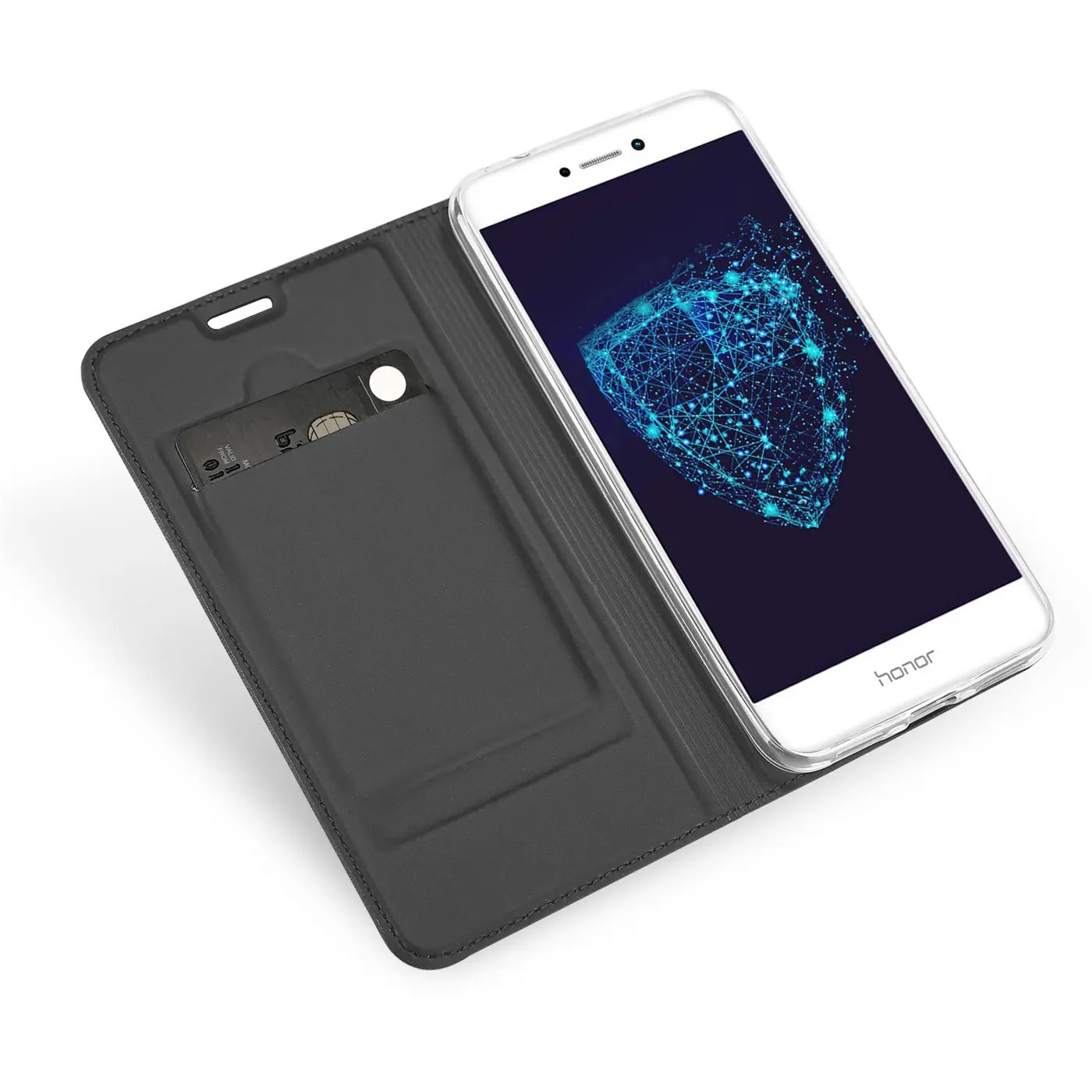 Schwarze Klapphülle aus Kunstleder mit Kartenfach für Huawei P8 Lite 2017, von oben schräg fotografiert.