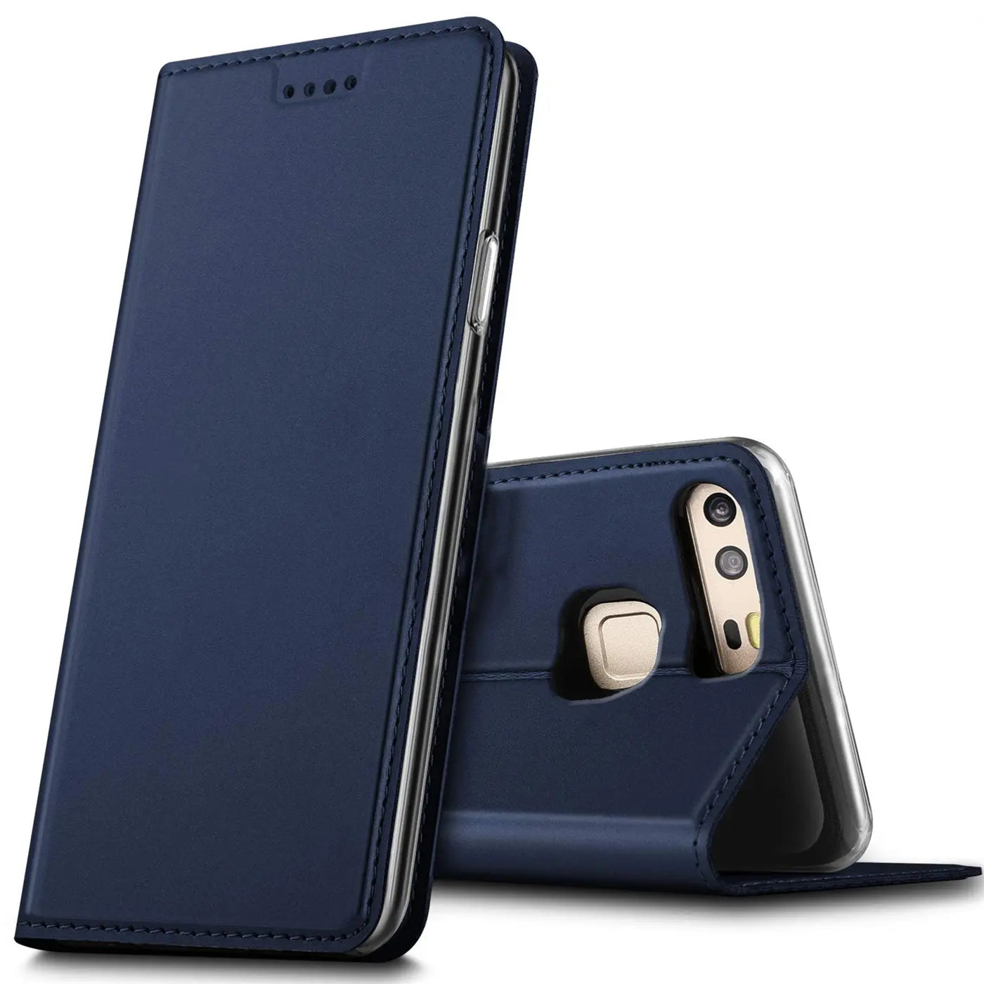 Dunkelblaue Leder-Flip-Hülle für Huawei P9, von vorne und hinten gezeigt.